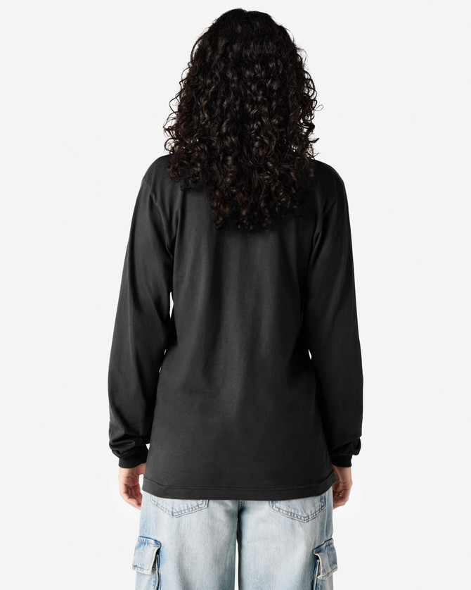 A long sleeve black T-shirt from American Apparel, featuring a simple design and a logo on the back.