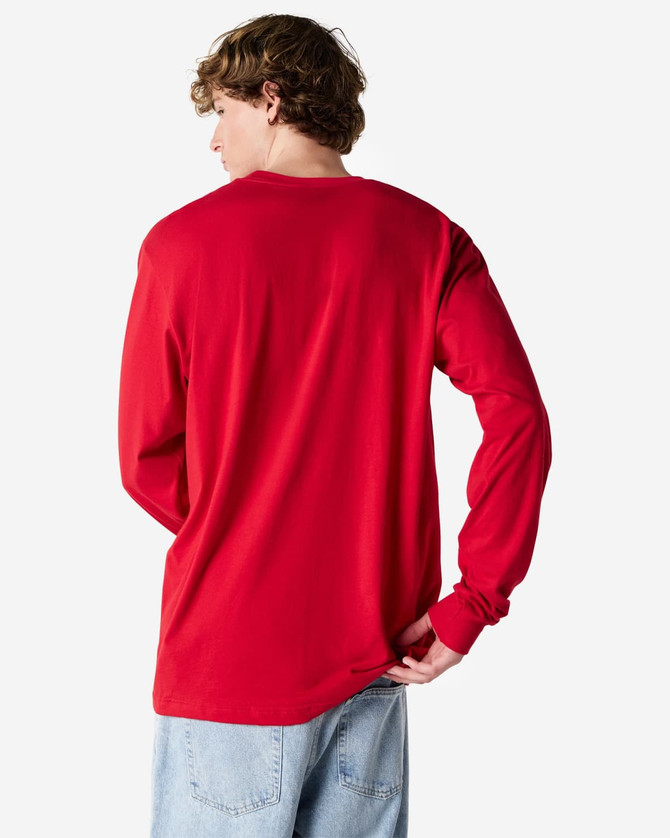 A red American Apparel fine jersey long sleeve t-shirt viewed from the back, featuring a simple design and long sleeves.