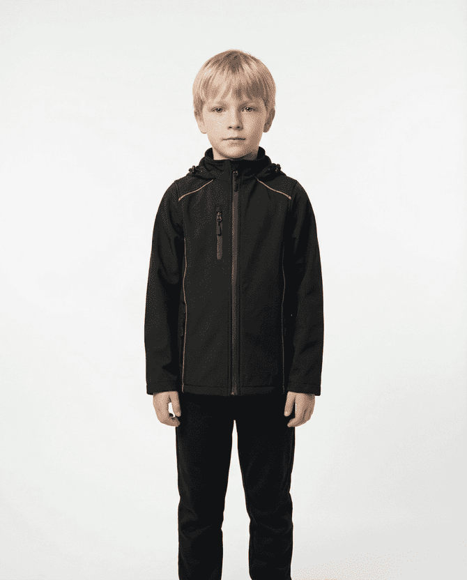 A black jacket for kids with a hood and zip, featuring contrast stitching and a logo.