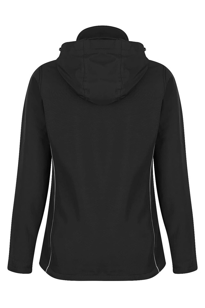 A soft shell jacket in black with a hood and white accents, featuring a logo on the back.