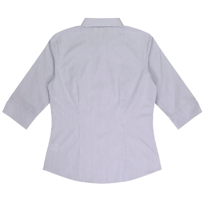 A button-up shirt with 3/4 sleeves in light blue and white striped pattern, featuring a collar and a back view.