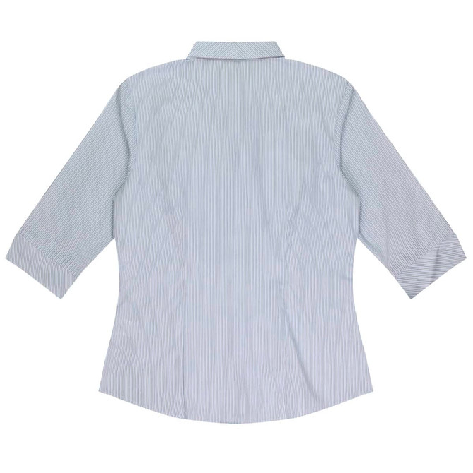 A button-up shirt in light blue with vertical stripes and 3/4 sleeves. Features a collar and has a logo.