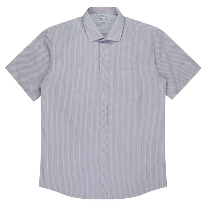 A short-sleeve button-up shirt featuring a striped pattern in light blue and white, with a chest pocket and logo.