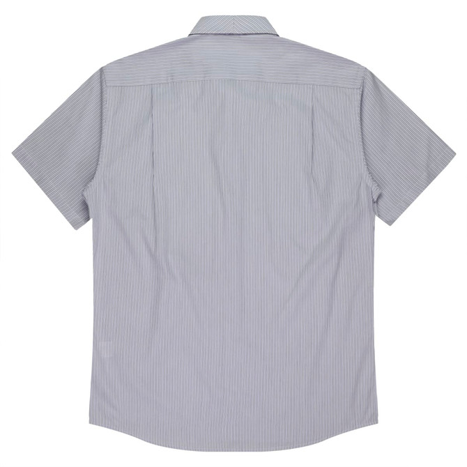 A short-sleeve, button-up shirt featuring a striped pattern in shades of blue and white, with a branded logo.