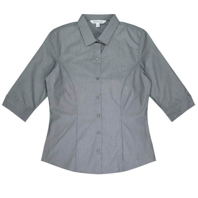 A grey button-up shirt with 3/4 sleeves and a fitted design, featuring a logo.
