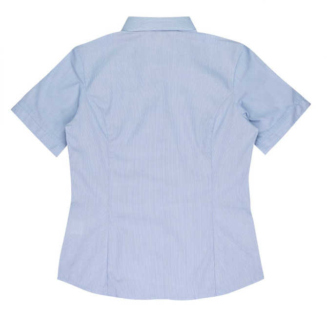 A short sleeve button-up shirt in light blue, featuring a fitted design and a back yoke. It includes a logo.