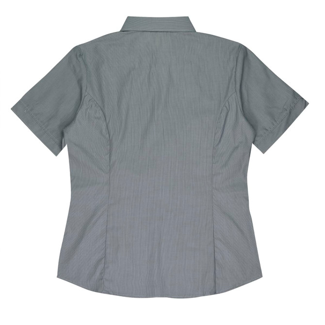 A green short-sleeve button-up shirt with a fitted design and a collar, featuring a logo.