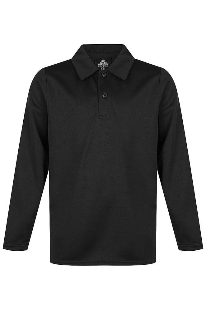 A black long-sleeve polo shirt with a collar and three buttons, featuring a logo at the neck.