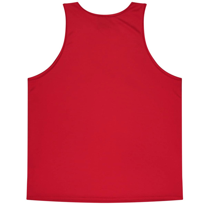 A red singlet with a plain back, featuring a logo at the neckline. Ideal for casual wear.
