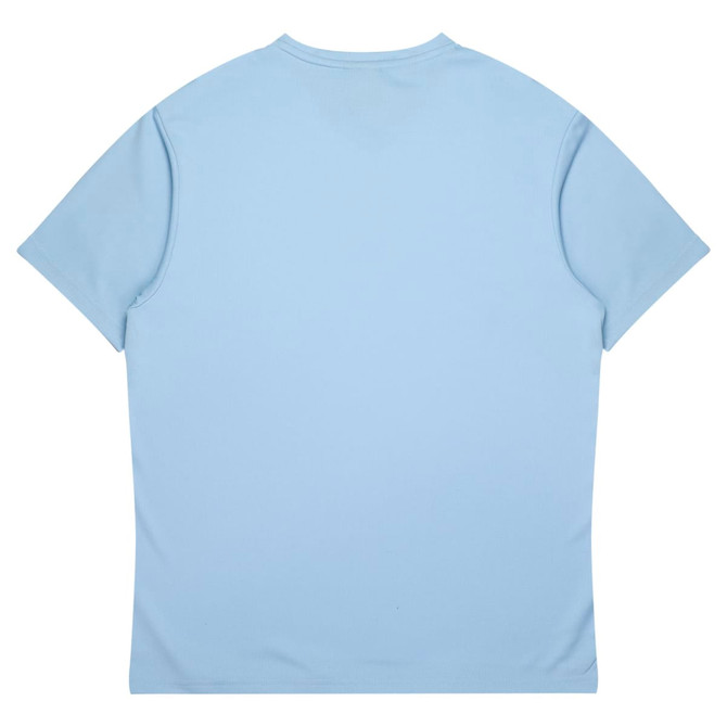 A light blue t-shirt featuring a simple design, with short sleeves and a relaxed fit. It has a logo on the back.