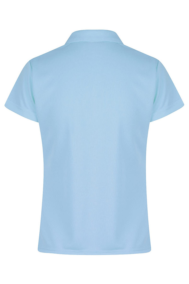 A light blue polo shirt with a short sleeve and a classic collar, featuring a branded logo.