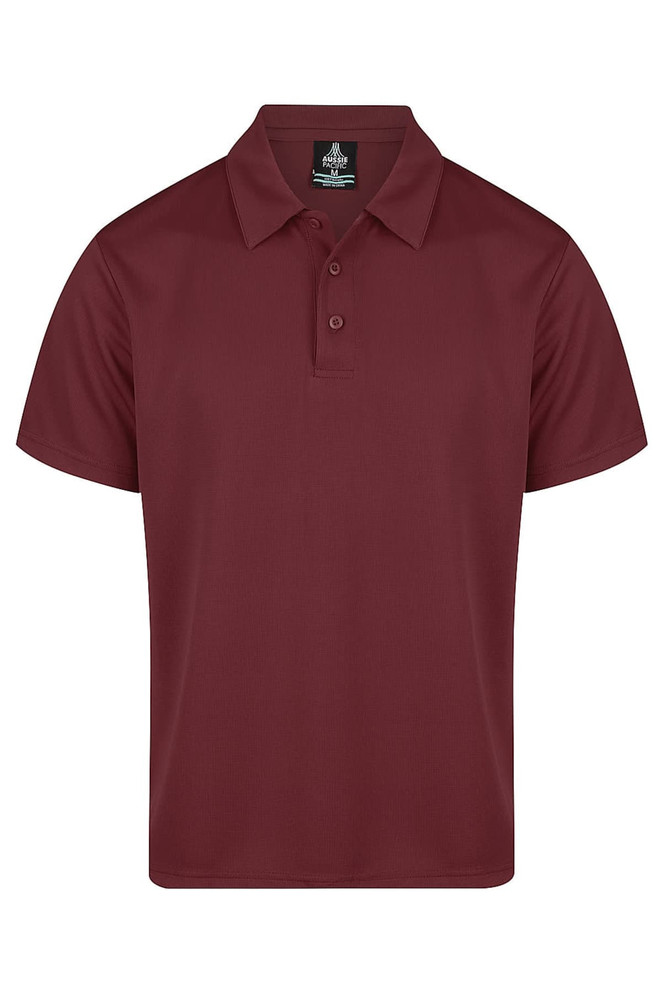 A maroon polo shirt with a collar and three-button placket. It features a logo on the label.