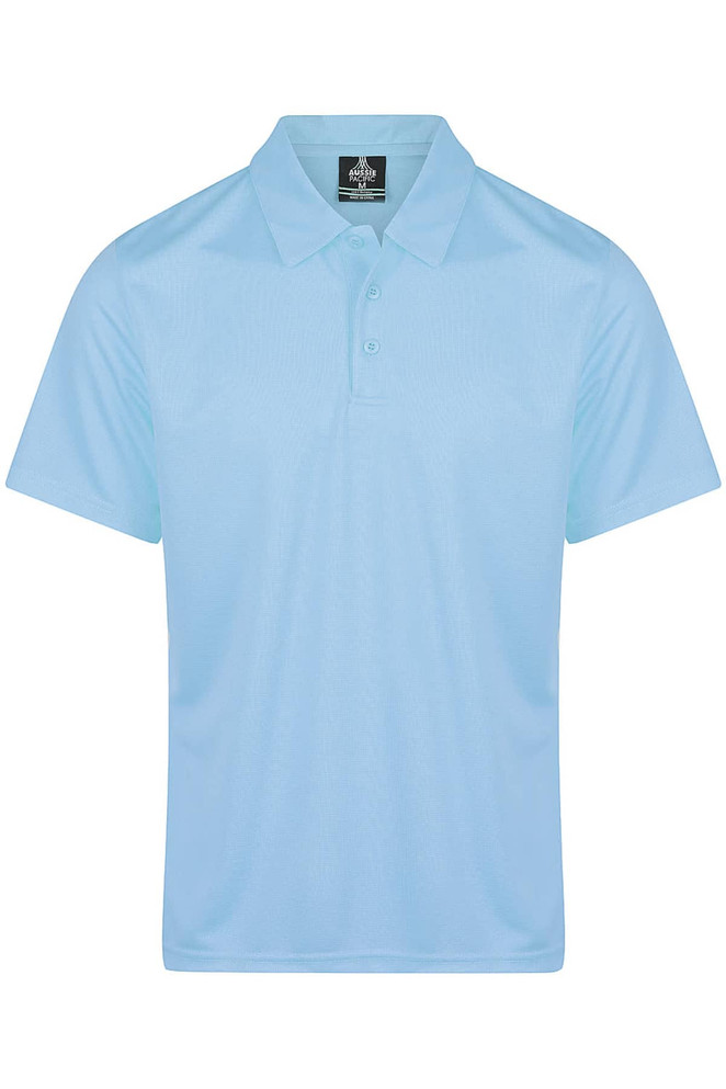 A light blue polo shirt with a collar and three buttons, featuring a logo on the tag.