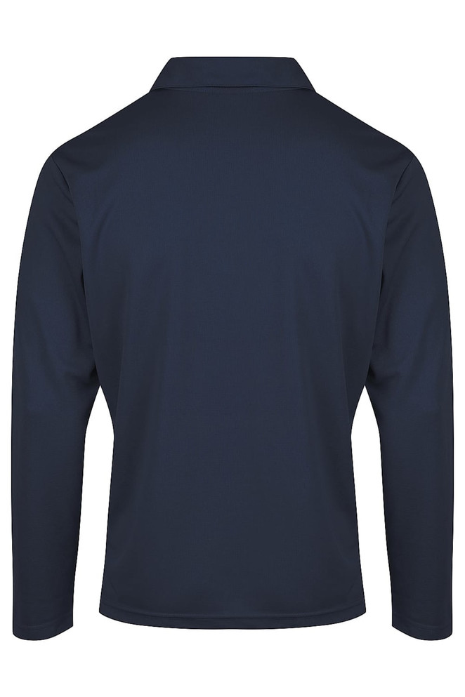 A navy blue men's polo shirt with long sleeves and a collar, featuring a branding logo.
