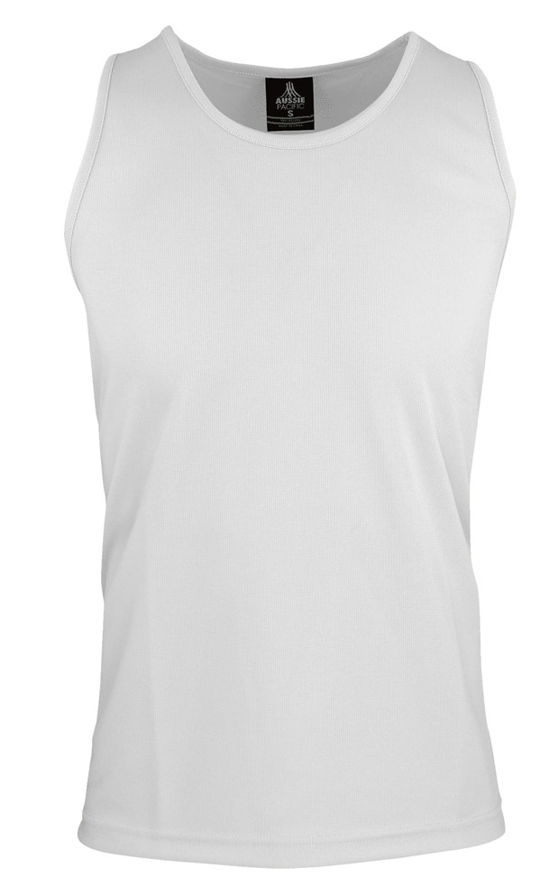 A white men's singlet made from a lightweight fabric, featuring a label and a simple design.