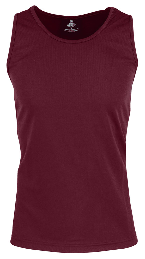 A maroon men's singlet with a fitted design, featuring a logo on the neckline.