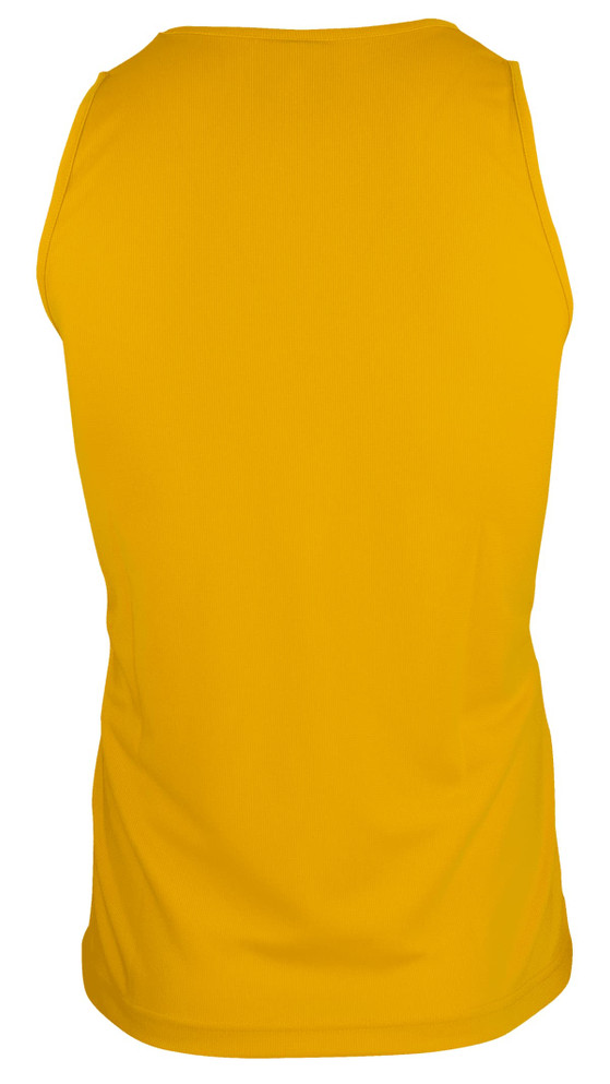 A vibrant yellow men's singlet, featuring a simple design and a plain back. It has a logo on it.
