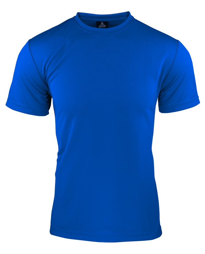 A blue men's t-shirt with a crew neckline and short sleeves. Features a logo on the collar.