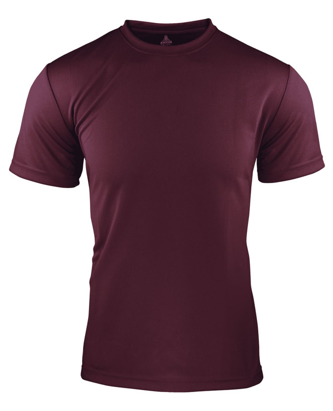 A maroon men's t-shirt featuring short sleeves and a fitted design, with a subtle logo.