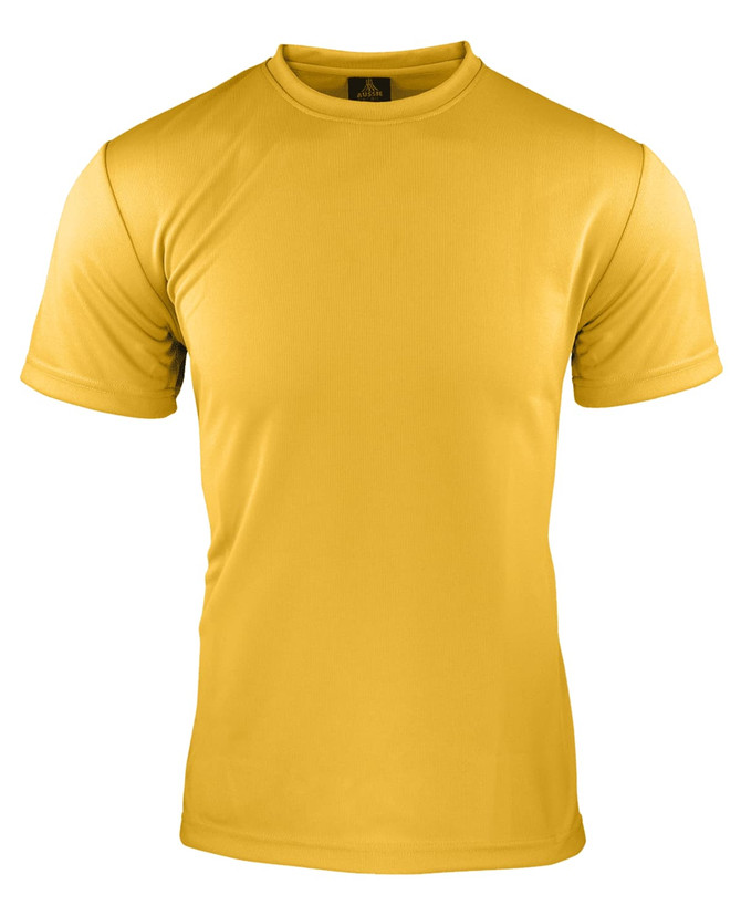 A yellow men's t-shirt with a crew neck and short sleeves, featuring a logo.