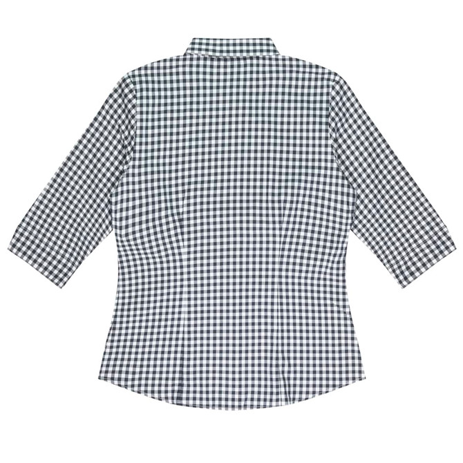 A button-up shirt in a black and white gingham pattern, featuring 3/4 sleeves and a collared neck.