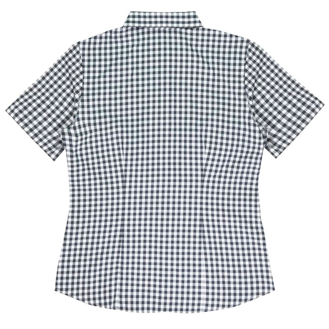 A short-sleeve button-up shirt featuring a navy and white gingham pattern and a collar, with a logo on the back.