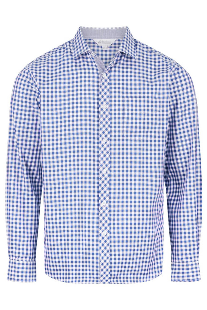 A long-sleeve button-up shirt featuring a blue and white gingham pattern, with a branded logo.