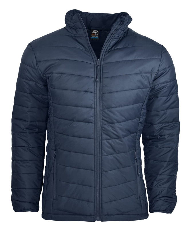 A navy blue men's jacket with a quilted design, featuring a front zip and side pockets. It includes branding.