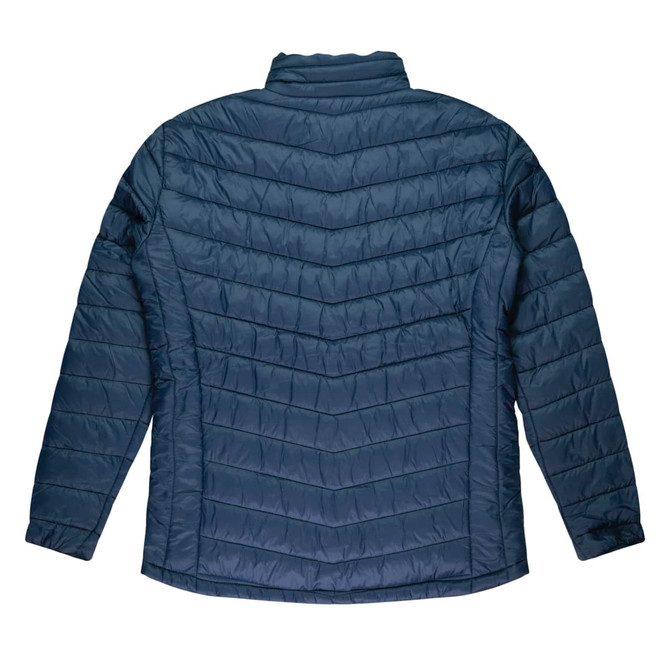 A navy blue jacket with a chevron quilted pattern and a high collar. It has a logo on the sleeve.