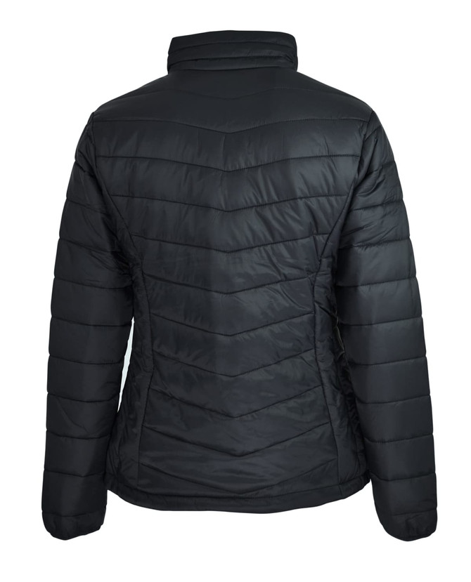 A black puffer jacket featuring a quilted design and a high collar, with no visible branding on the back.