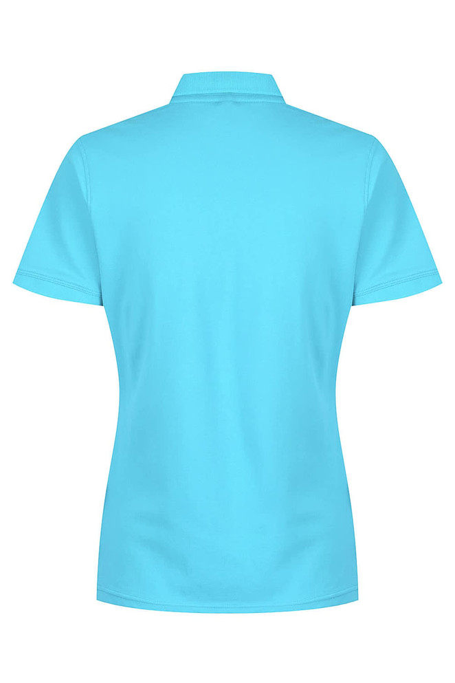 A turquoise women's polo shirt with a collared neckline and short sleeves, featuring a logo on the back.