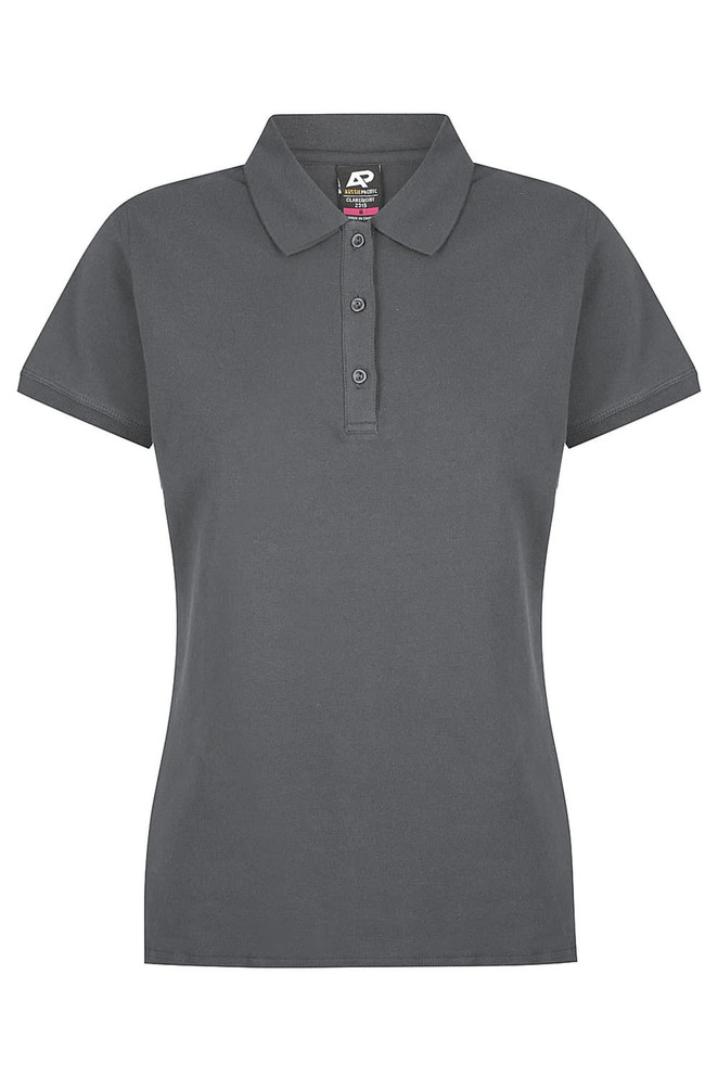 A grey polo shirt featuring a collar, three buttons, and short sleeves. The shirt has a logo on the label.