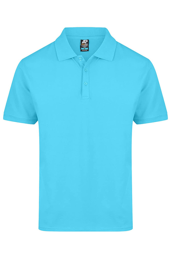 A turquoise polo shirt with a collar, featuring three buttons and a branding label.