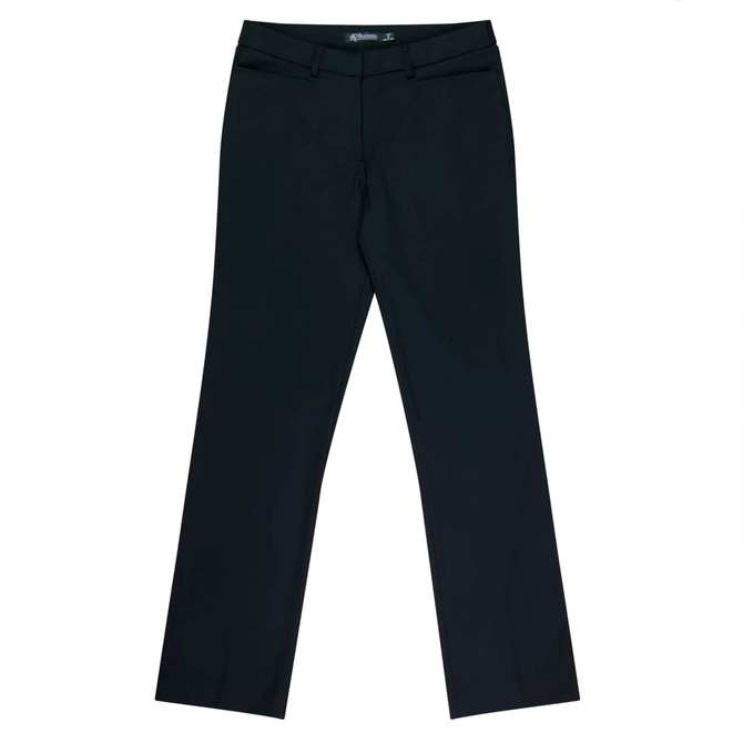 Classic black pants with a straight-leg design, featuring a waistband and front pockets. Includes a logo on the waistband.