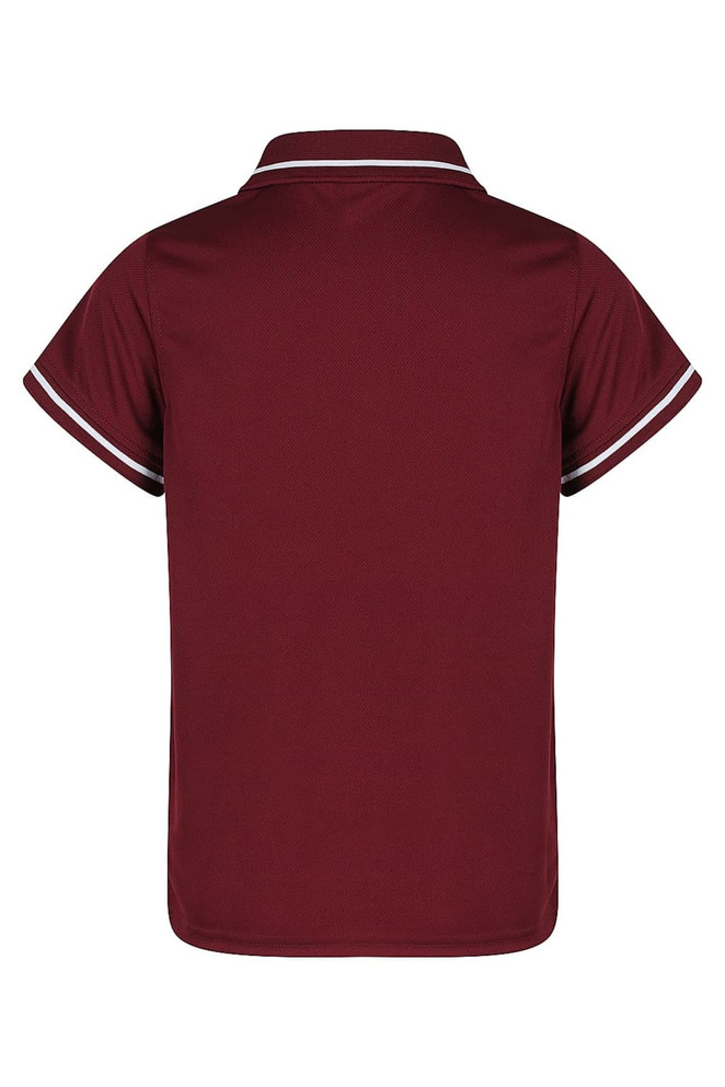 A maroon polo shirt featuring short sleeves and contrasting trims. It has a logo on the chest area.