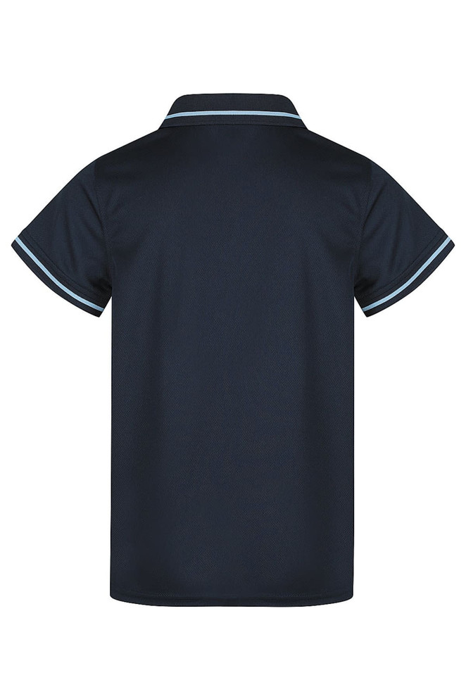A dark navy polo shirt with a collar and contrast piping, featuring a logo. The back is shown.