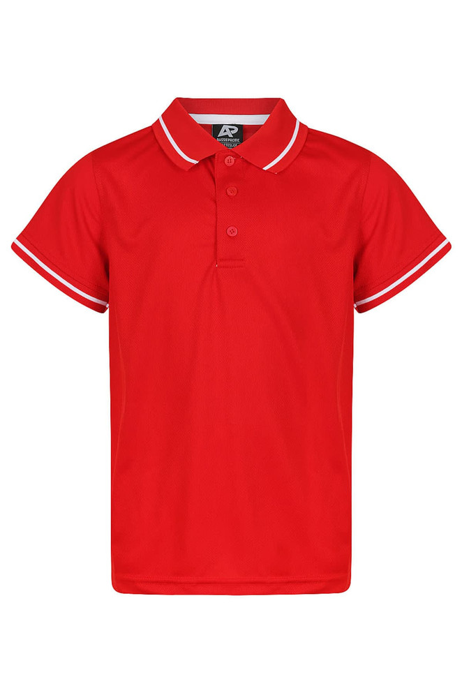 A red polo shirt with white trim and a collar, featuring a logo on the tag.
