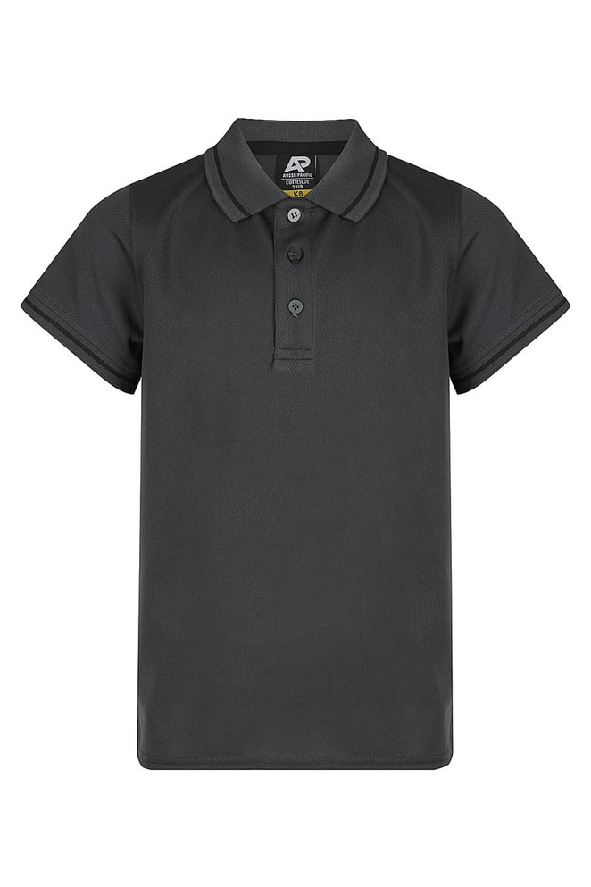 A black polo shirt with a collar and three buttons, featuring a small logo on the label.