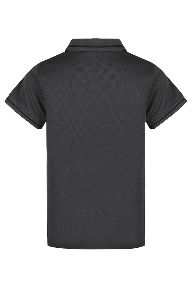 A black polo shirt with short sleeves and a collar, featuring a logo on the back.