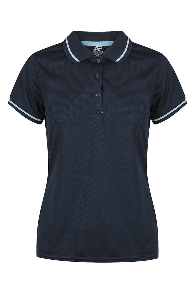 A navy blue polo shirt with a sporty design and contrasting light blue trims. It features a collar and button placket.