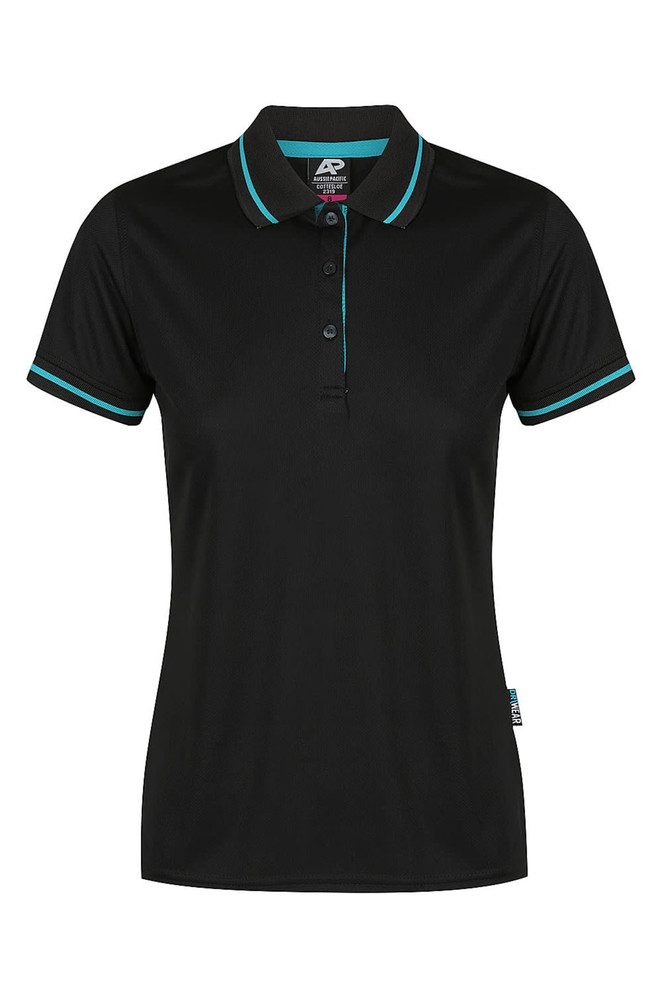 A black polo shirt with turquoise accents and a collar, featuring a logo.