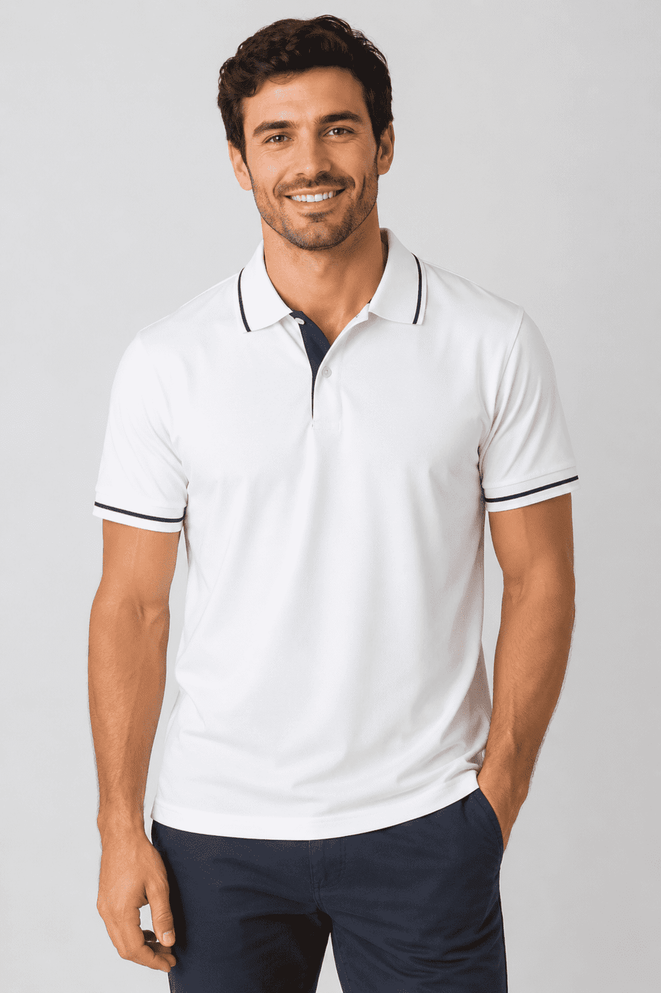 A polo shirt in white with navy accents, featuring a collared neck and a branded logo.