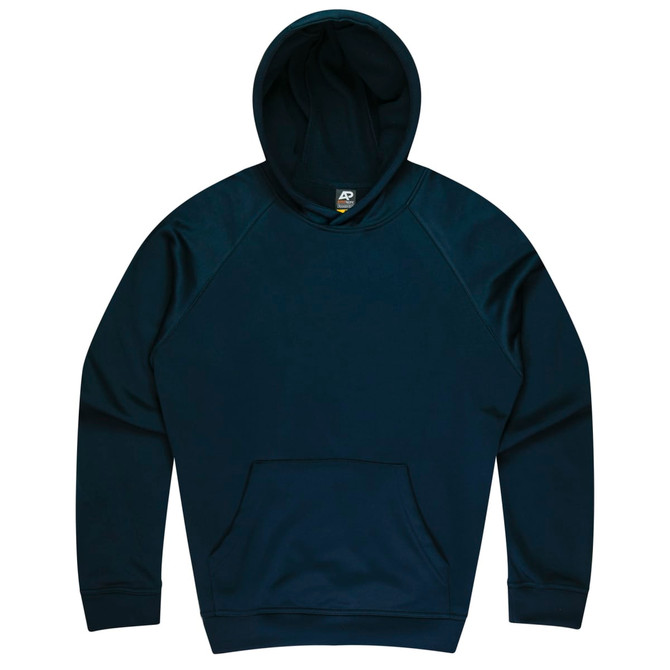 A navy blue hoodie featuring a kangaroo pocket and a hood, with a logo on the label.