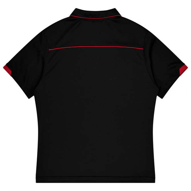 A black polo shirt with red accents and a logo on the back, designed for sports uniforms.