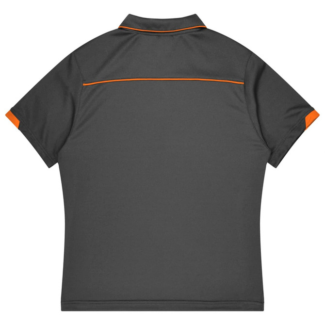 A grey polo shirt with orange accents and a logo on the back, part of a sports uniform collection.