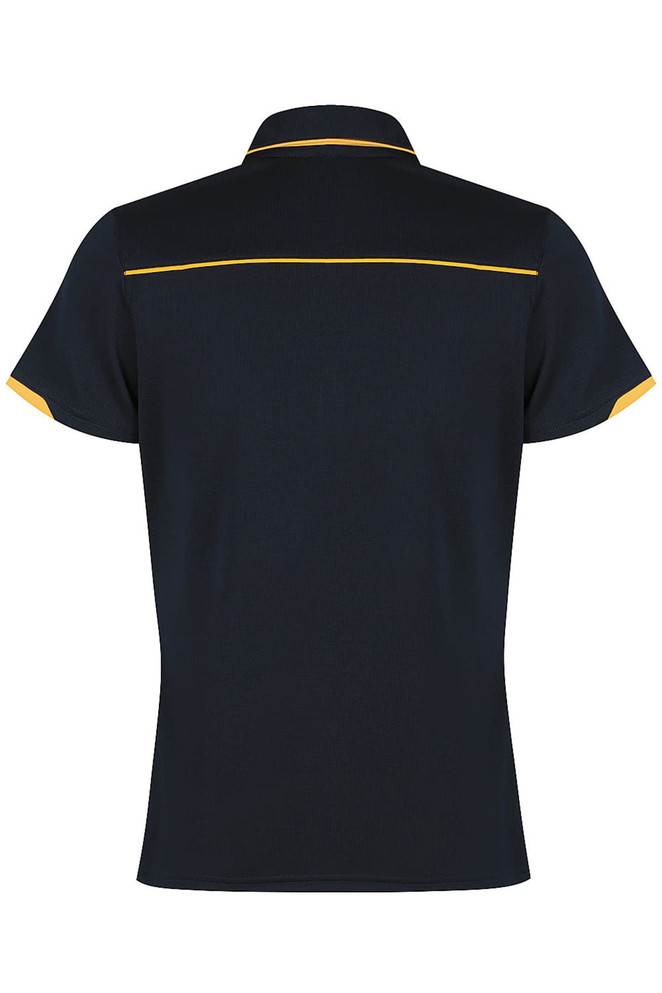 A black polo shirt with a yellow trim, featuring a logo on the front. The back has a sleek design.