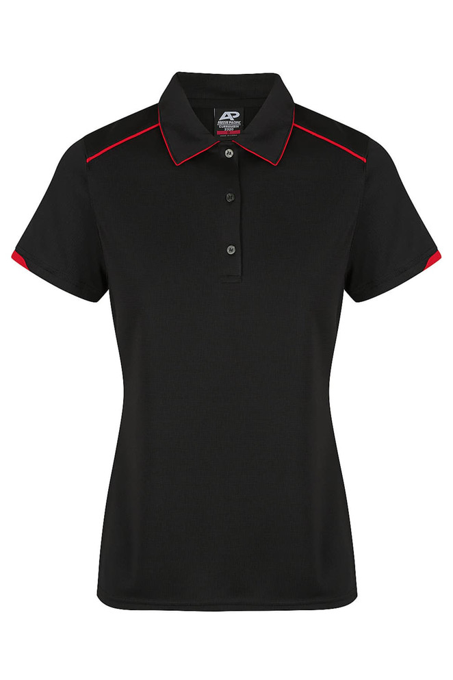 A black polo shirt with red accents and a collar, featuring a logo on the chest.