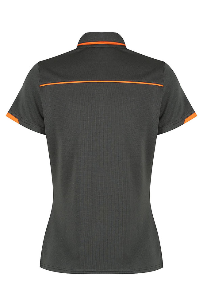 A back view of a dark grey polo shirt with orange detailing and a logo.