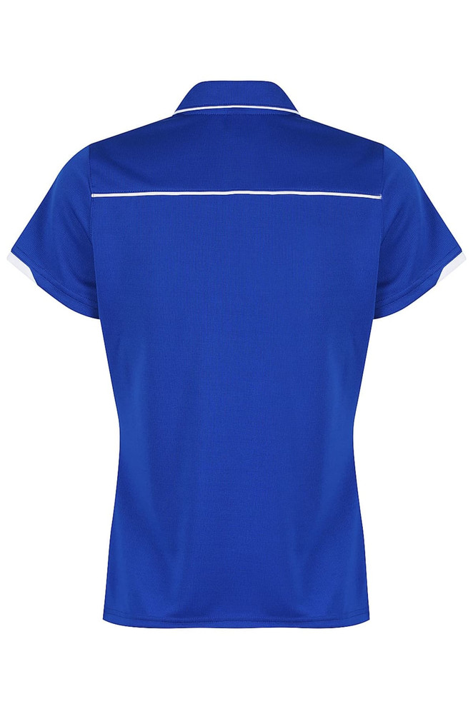 A blue polo shirt featuring a white trim and a branded logo on the back.