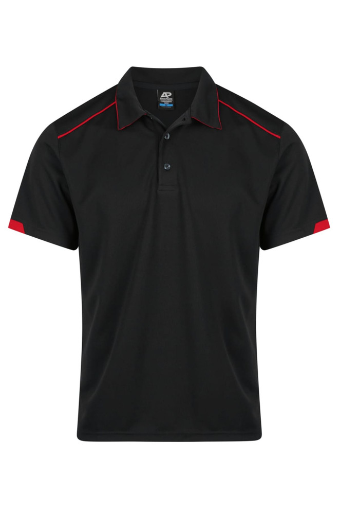 A black polo shirt with red detailing and a logo on the chest. Short sleeves and a classic collar design.